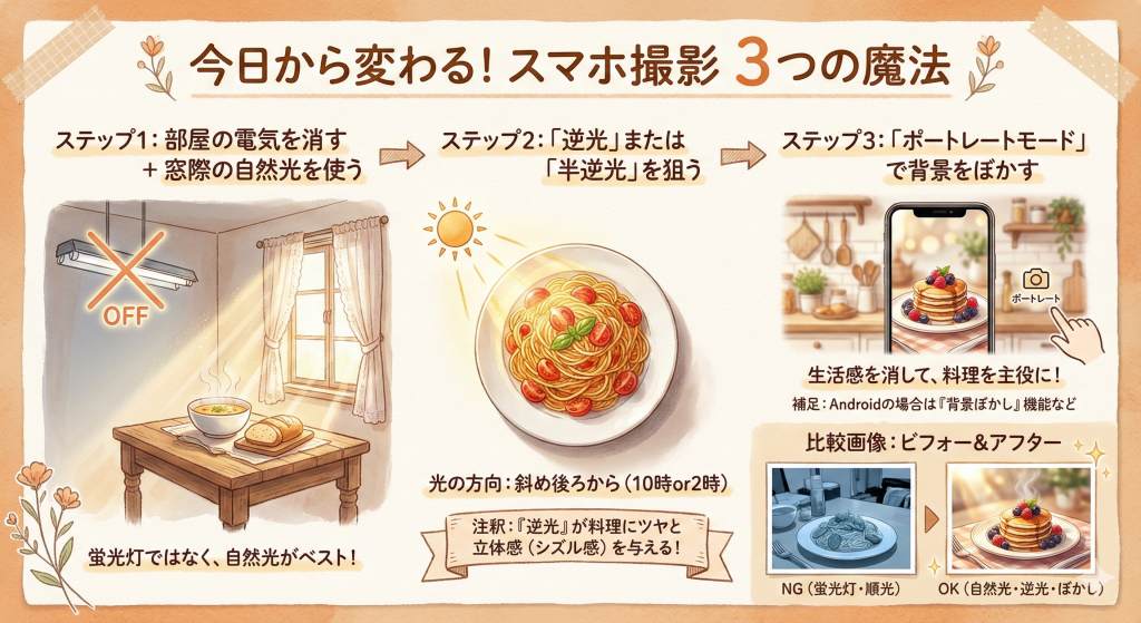 料理写真の撮り方を3ステップで解説した画像