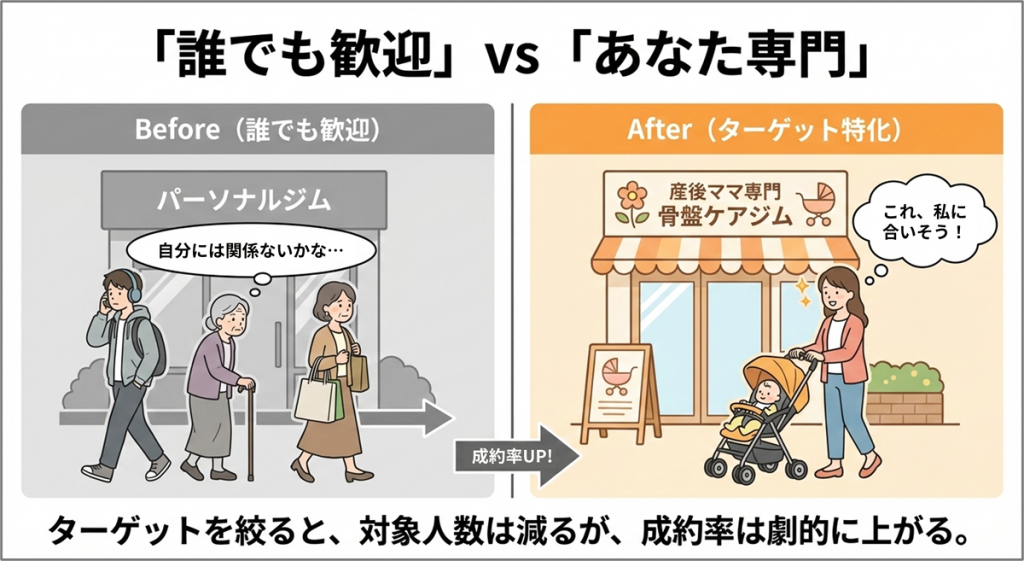パーソナル集客における「誰でも歓迎」「ターゲット特化」の違い