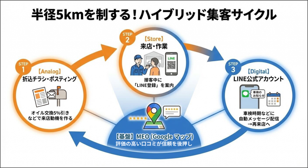 車屋のハイブリッド集客サイクルを表現したインフォグラフィック