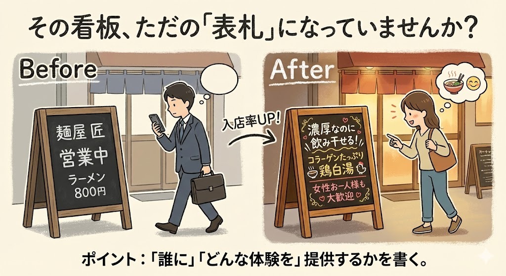 看板の書き方ビフォーアフターインフォグラフィック